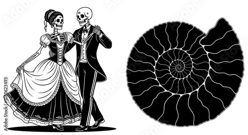 A skeletal couple in formal attire dances elegantly next to a detailed ammonite fossil evoking themes of time mortality and ancient life