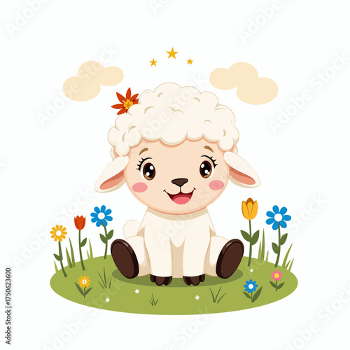 Adorable Cartoon Lamb Sitting on Grass Amidst Colorful Flowers with Cloudy Sky