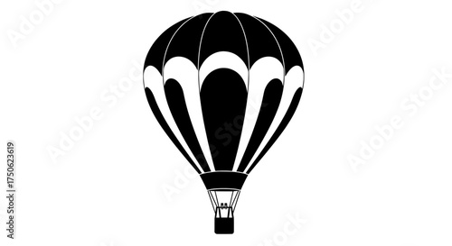 A striking black and white silhouette of a classic hot air balloon with a basket suspended below isolated on a transparent background
