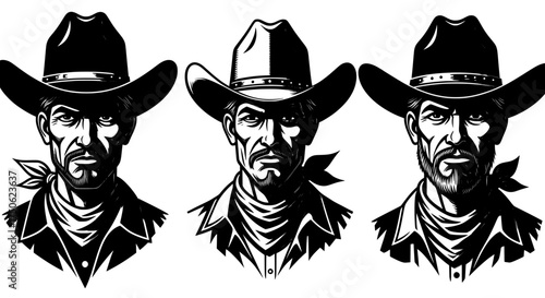Three rugged cowboy portraits with distinctive hats and bandanas rendered in a striking black and white illustration style