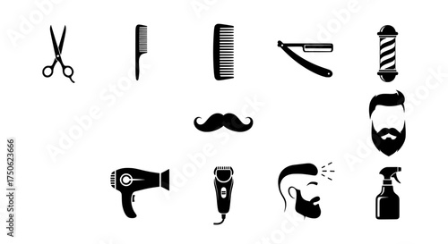 Collection of classic barber shop tools and symbols including scissors comb razor mustache beard and hairdryer for grooming and styling