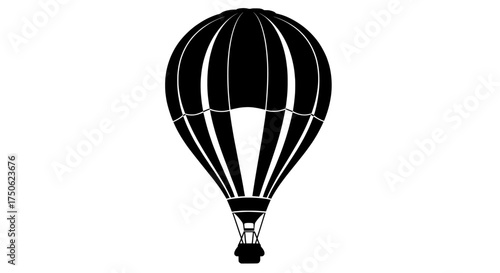 A black silhouette of a classic hot air balloon with vertical stripes and a basket suspended below against a transparent background