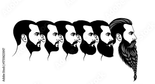 Silhouette of a man s profile showing evolution of beard styles from clean shaven to long and elaborate facial hair