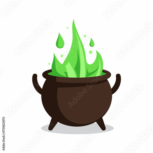 Illustration of a Black Cauldron with Green Flames and Bubbles, Evoking a Sense of Magical Potions and Enchanted Elixirs in a Fantasy Setting