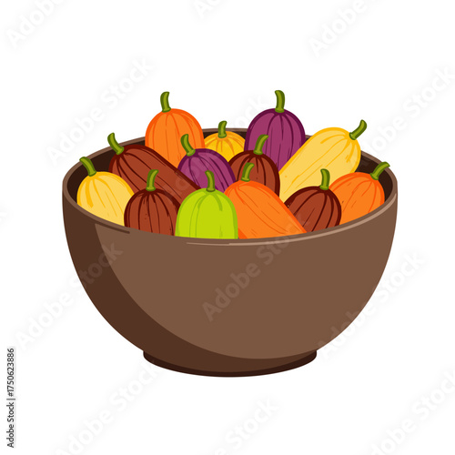 Illustration of a Rustic Wooden Bowl Filled with Colorful Assorted Fresh Vegetables Including Squash, Gourds, and Eggplants in Various Shapes and Sizes