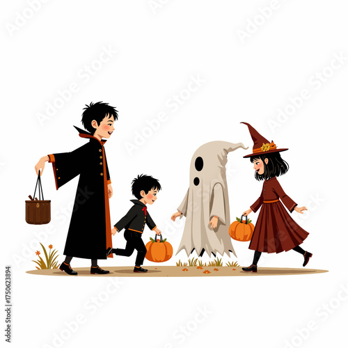 Children Dressed in Halloween Costumes of Witch, Ghost, Vampire Carry Pumpkins on a Spooky, Fun Autumn Evening