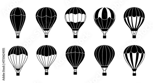Collection of ten black and white hot air balloon silhouettes with various stripe and pattern designs on a transparent background