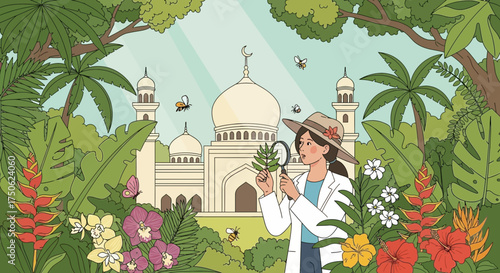 Botanist amidst tropical foliage exploring the natural world by a mosque