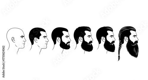Evolution of a beard from clean shaven to a long beard showing different stages of facial hair growth and styles