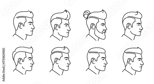Collection of eight hand drawn black and white profile sketches of men s hairstyles and facial hair variations