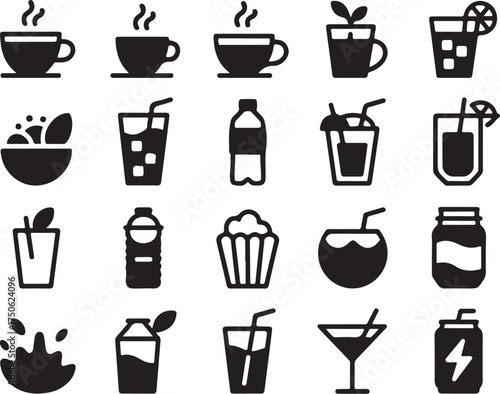 Beverage icons: coffee, juice, water, soda, and more