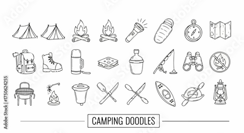 Hand-Drawn Camping Doodles: Essential Gear and Outdoor Adventure Elements Collection