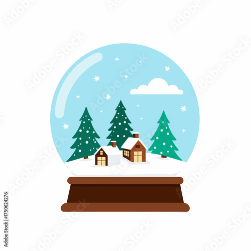 Captivating winter scene encapsulated within a glass snow globe featuring quaint snow-covered houses and tall pine trees against a serene sky backdrop