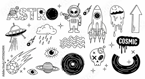 Whimsical Doodle Space Elements Collection: Alien, Rockets, Planets, UFOs, and Cosmic Symbols in Black and White Outline Style for Creative Design Projects.