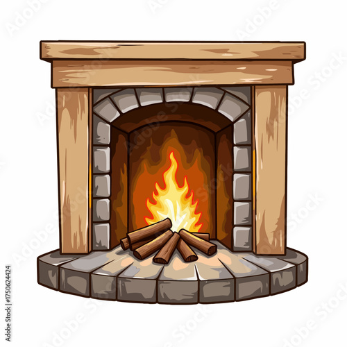 Illustrated traditional fireplace with wooden mantle and stone hearth radiating warmth from burning logs on a chilly evening