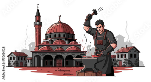 Illustrative depiction of a blacksmith forging iron near a majestic mosque