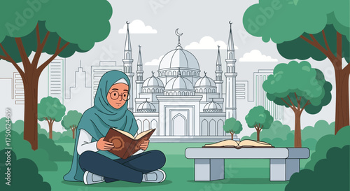 A young woman wearing a hijab reading the quran in a peaceful outdoor setting