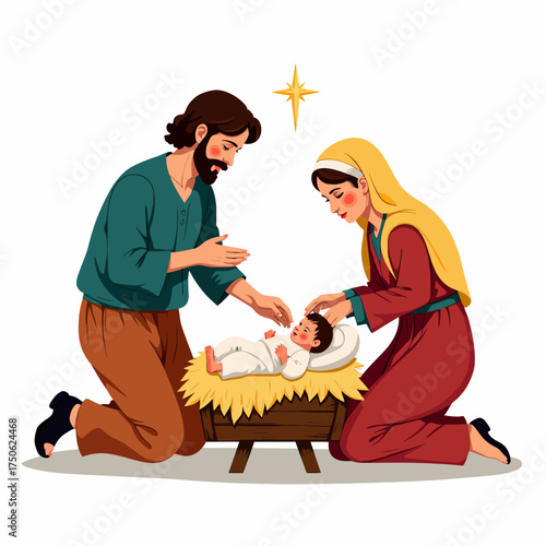 Illustration of a Religious Scene Featuring Parents Adoring a Newborn Baby in a Manger with a Star Symbolizing Hope and Faith in a Peaceful Setting