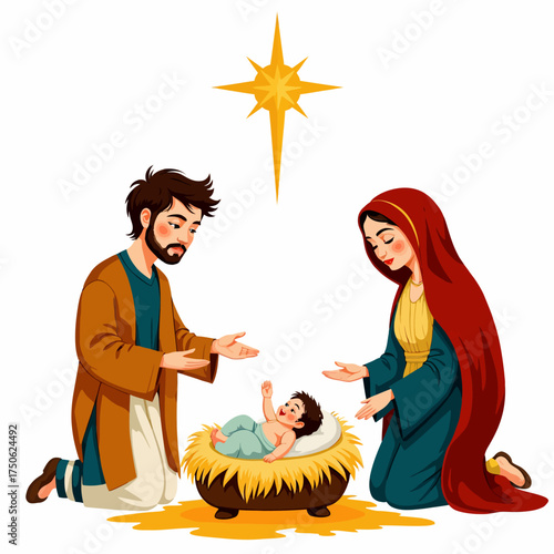 Illustration of a Nativity Scene Depicting Two Adults Kneeling Before a Child in a Manger Under a Guiding Star