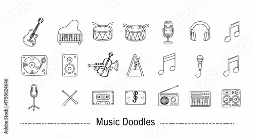 Hand-drawn Music Doodles: A charming collection of musical instruments, audio equipment, and notes in simple black and white line art style.