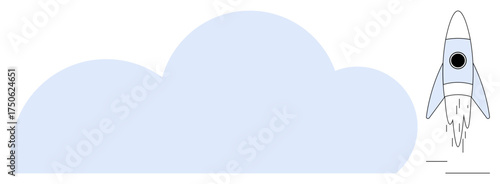 Rocket taking off with trail smoke beside a large soft blue cloud. Ideal for innovation, startup, goal setting, creativity, success, progress, business growth. Simple flat metaphor