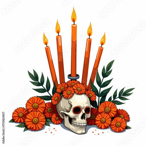 Vibrant Marigold-Decorated Skull with Flickering Orange Candles and Lush Greenery on White Background