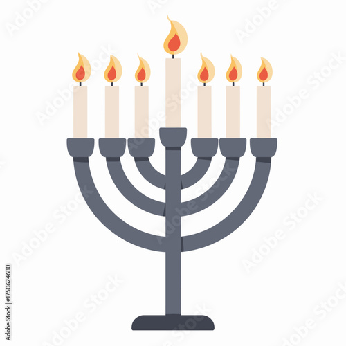 Illustration of a Traditional Seven-Branched Menorah with Lit Candles Symbolizing Cultural and Spiritual Significance in a Minimalist Design