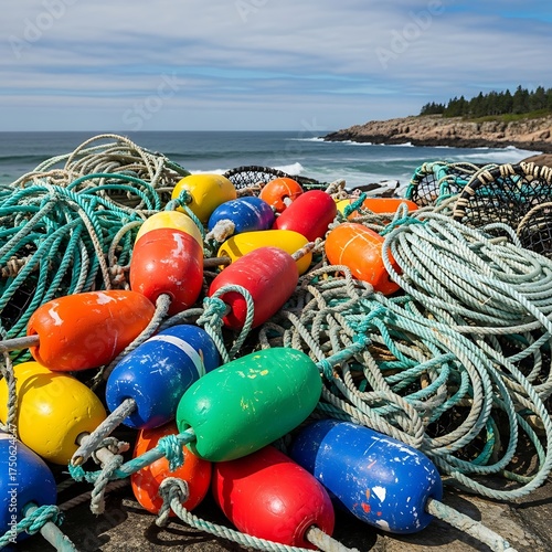 Colorful Fishing Buoys on the Coast of Maine.