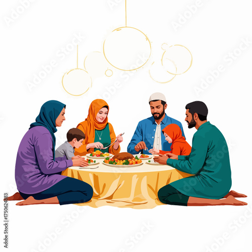 Family Sharing a Meal Together Celebrating Harmony and Togetherness Amidst a Warm and Inviting Dining Setting with Traditional Attire