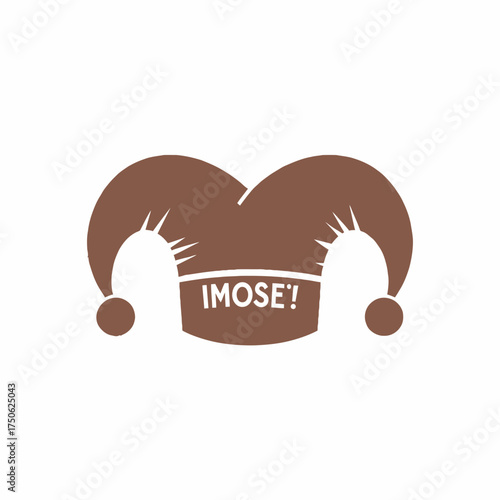 Playful Jester Hat Design with 'IMOSE' Embroidery on Minimalist Brown and White Theme Illustration