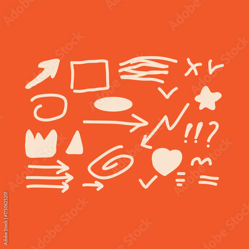 Collection of handdrawn white icons and symbols on an orange background, including arrows, shapes, checks, and hearts, perfect for design elements