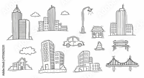Hand-drawn doodle urban and suburban elements collection. Includes buildings, houses, car, bridge, street lamp, bench, and traffic cone. Simple vector illustration set.