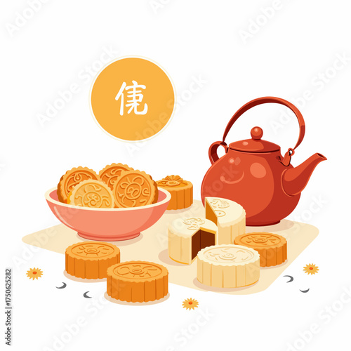 Illustration of Traditional Mooncakes and Teapot Celebrating Mid-Autumn Festival with Chinese Characters and Festive Decorations