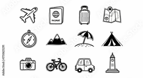 Hand-drawn travel and adventure icons set for global exploration and vacation planning on a white background, featuring transport, navigation, and leisure symbols.