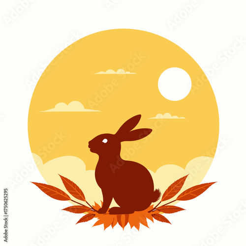 Silhouette of a Rabbit Sitting Peacefully at Sunrise Surrounded by Autumn Leaves with a Backdrop of a Yellow Sky and Clouds Creating a Serene Scene