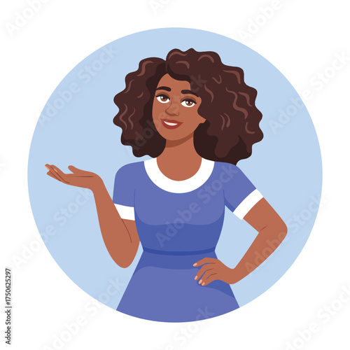 Smiling African American Woman Avatar: Presenting Gesture in Retro Blue Dress