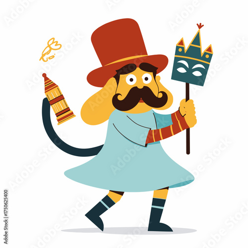 Colorful Cartoon Character Parading with Mask and Top Hat in Whimsical Costume