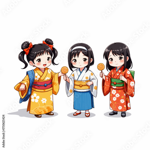 Charming Illustration of Three Children in Traditional Colorful Kimonos Holding Festive Sweets with Delightful Expressions in a Cheerful Celebration