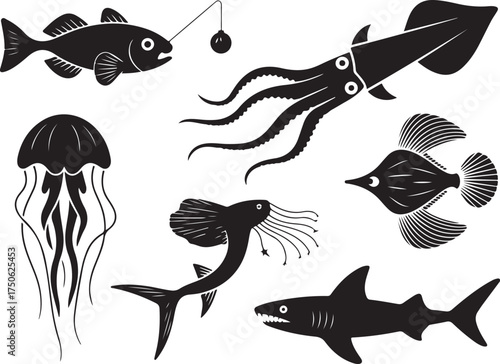Ocean wildlife collection: fish, shark, squid, jellyfish