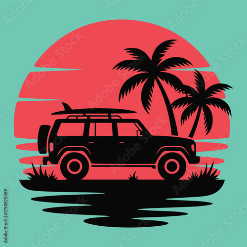 retro car with palm trees
