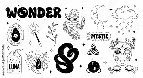 Whimsical Celestial and Witchy Doodles: A Set of Mystical Line Art Illustrations for Magic and Wonder Themes