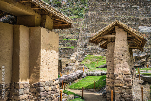 Scenic landscape view with the inca ruins at Ollantaytambo Archeological Site in the Sacred Valley of the Incas, Peru.