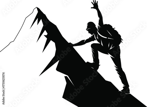 Silhouette of a climber reaching the mountain peak illustration of adventure and success isolated on white background