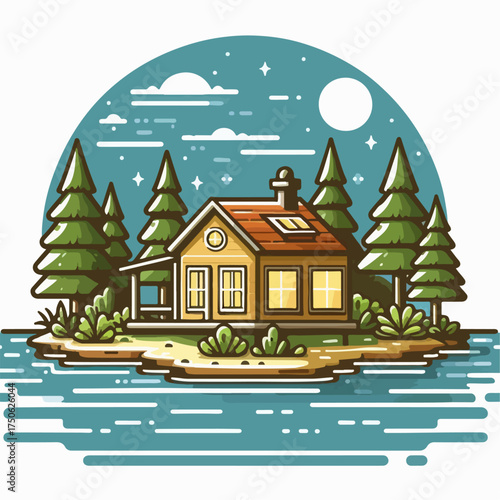 Illustration of a house on the river bank