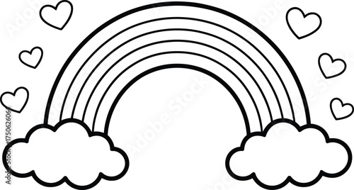 Simple outline rainbow with clouds and hearts coloring page