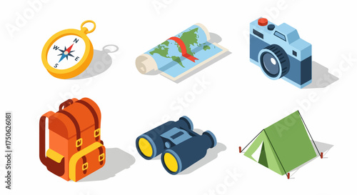 Isometric illustration set of essential camping and travel gear including compass, world map, camera, backpack, binoculars, and tent.