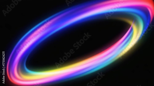 Abstract Glowing Rainbow Light Ring Swirling on a Black Background. Colorful Neon Vortex Animation for Technology and Motion Concepts.