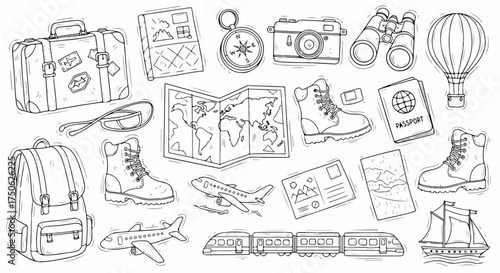 Hand-drawn travel and adventure doodle collection: luggage, maps, camera, compass, binoculars, hot air balloon, passport, boots, planes, trains, sailboat. Ready for global exploration.