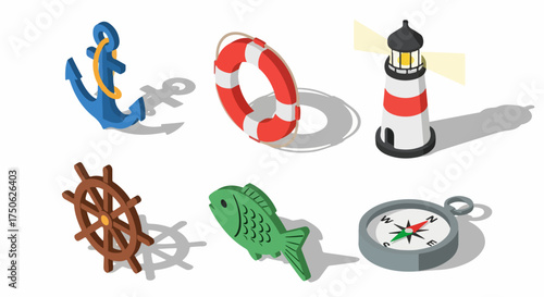 Isometric Nautical Collection: Anchor, Lifebuoy, Lighthouse, Helm, Fish, and Compass. Essential Marine Elements for Travel, Safety, and Adventure. Ocean-themed Design Set.