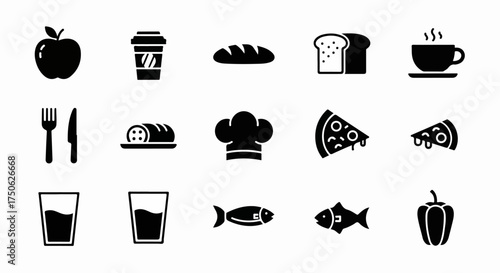 Comprehensive Collection of Food and Drink Silhouette Icons: Essential Graphics for Menus, Restaurants, Groceries, and Healthy Eating Concepts.
